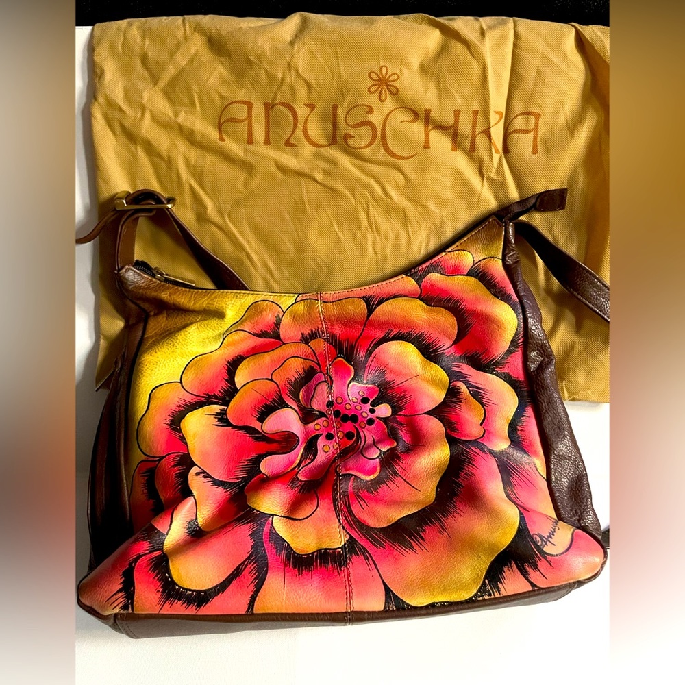 ANUSCHKA Brown/Red Flower Convertible Slim Hobo with Crossbody Strap.